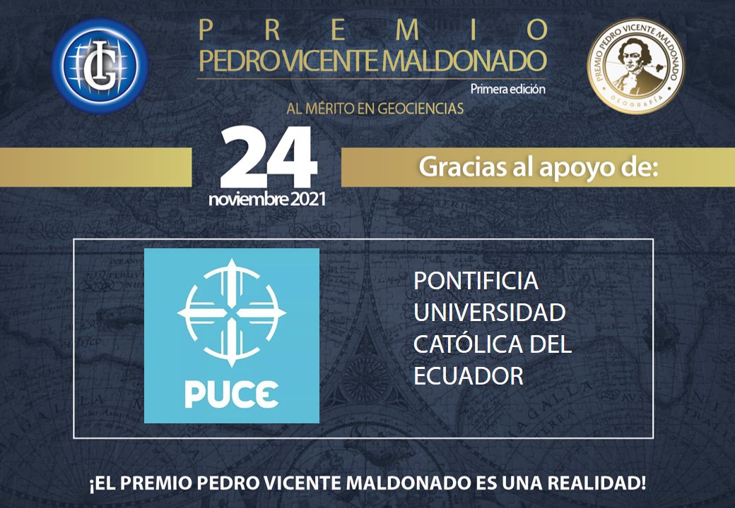 🔊Conoce a nuestros organizadores | El premio “Pedro Vicente Maldonado”🏅es realizado en cooperación con la <a href="/PUCE_Ecuador/">PUCE Ecuador</a>
🌎Participa de este evento que busca reconocer el aporte de las geociencias en el desarrollo del Ecuador
📅24/11/2021
⏰17:00
🔗Facebook Live <a href="/CIGP_EC/">@CIGP EC Colegio de Ingenieros Geógrafos Pichincha</a>