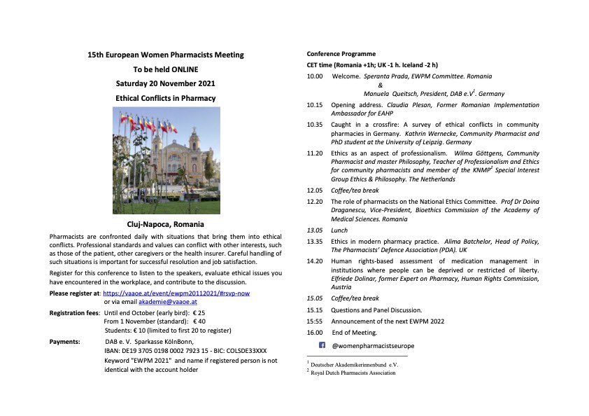 Do you encounter ethical issues in your work? And you don't always know the right solution?
Ethical Conflicts in Pharmacy is the topic of the online European Women Pharmacists Meeting. Check the full programm below. There is a reduced early bird fee of 25€ till end of this week!