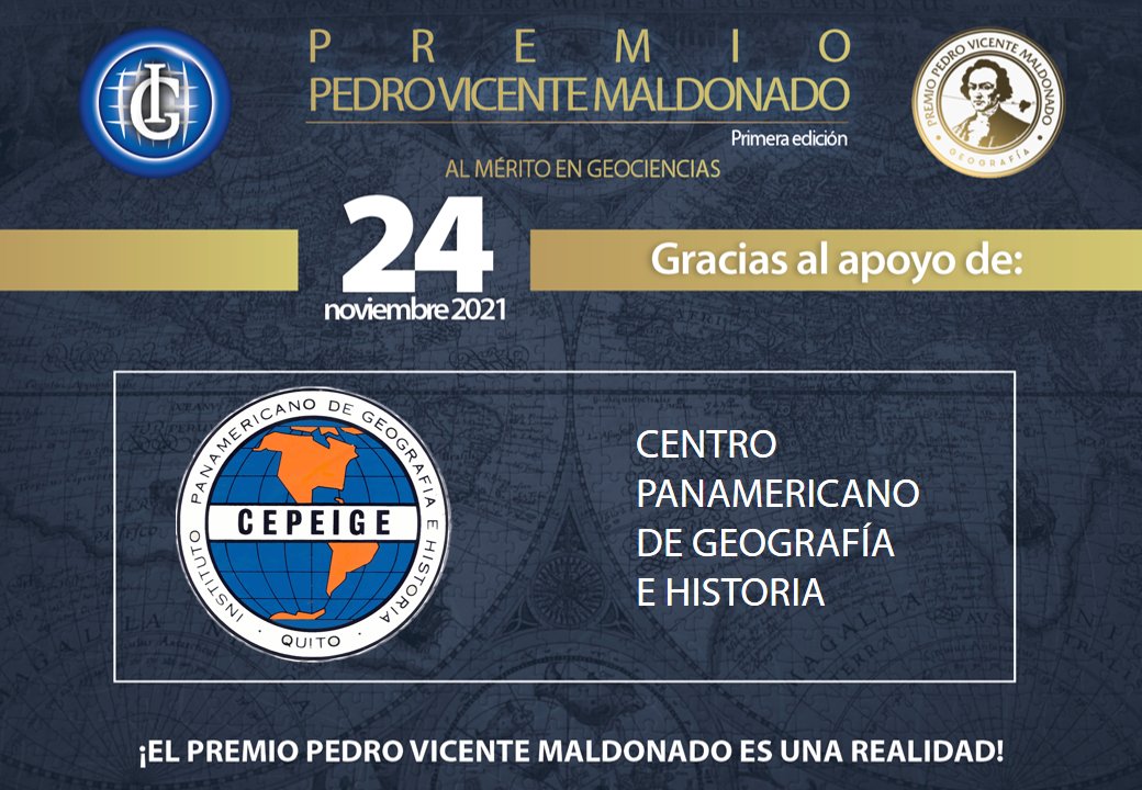 🔊Conoce a nuestros organizadores | El premio “Pedro Vicente Maldonado”🏅es realizado en cooperación con el <a href="/cepeige_ec/">CEPEIGE</a>
🌎 Participa de este evento que busca reconocer el aporte de las geociencias en el desarrollo del Ecuador
📅 24/11/2021
⏰ 17:00
🔗 Facebook Live <a href="/CIGP_EC/">@CIGP EC Colegio de Ingenieros Geógrafos Pichincha</a>
