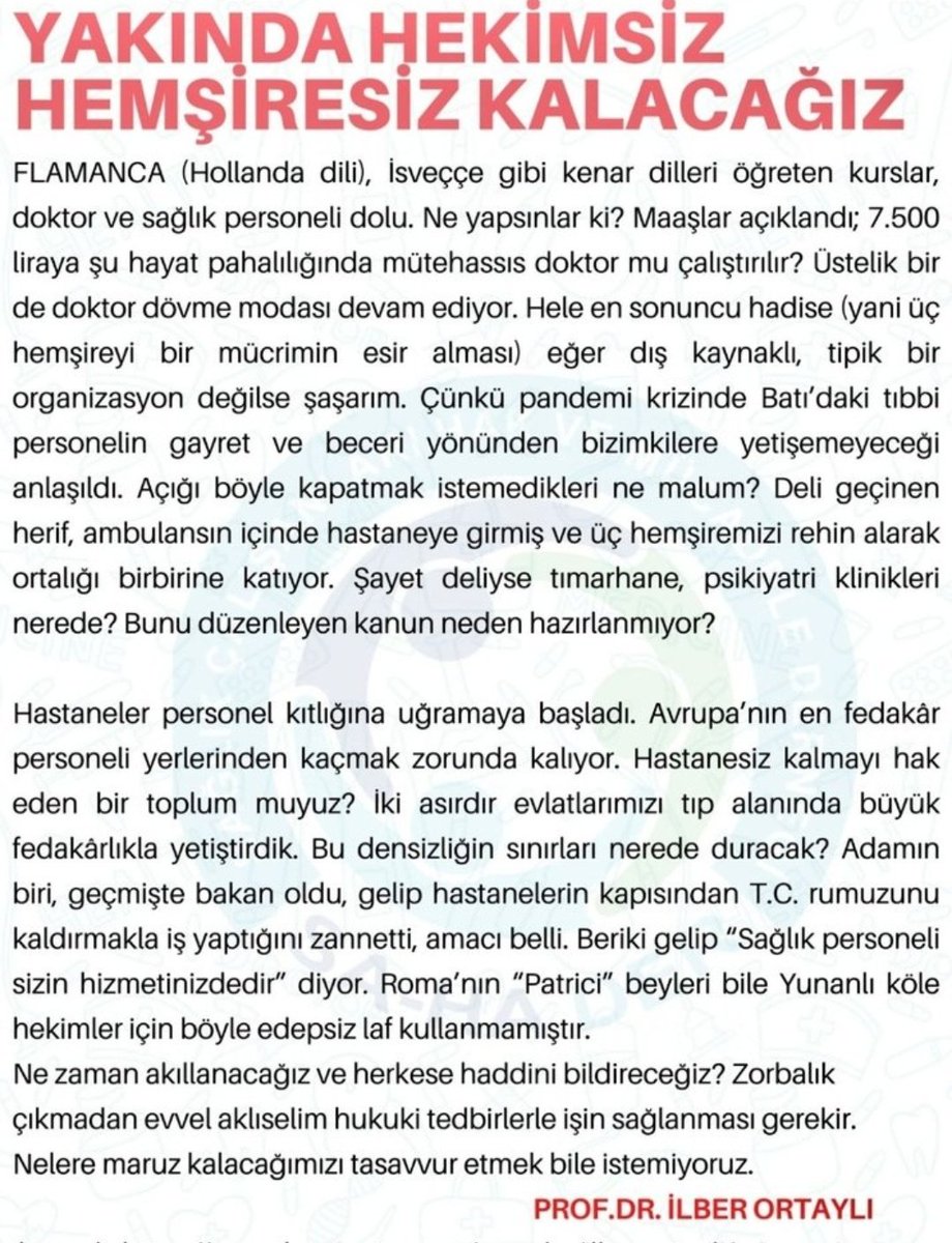 SaglTum's tweet photo. 700 bün sağlıkçı atama bekliyor ve OECD 'ye göre  avrupada 4 hemşirenin yaptıgı işi türkiyede 1 hemşire yapıyor. Yılda 2 bin kalifiye  doktor avrupaya gidiyor. Kalifiye  hemşiren avrupaya gitmek için dil kurslarını dolduruyor. Sonuç ise ilber bey söylüyor. @drfahrettinkoca https://t.co/66vO40Idef
