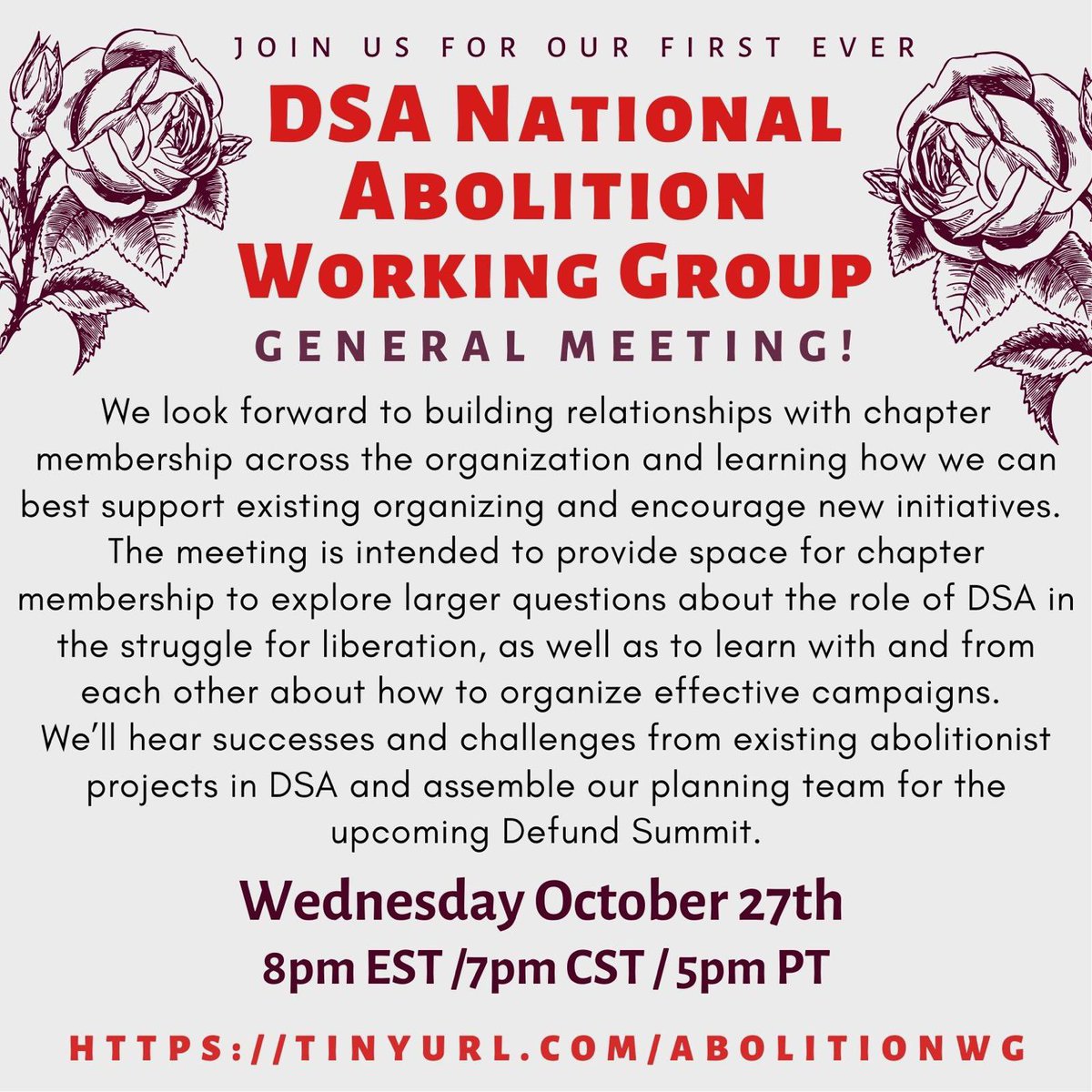Join us Wednesday night at 8pm EST for the first general meeting of the <a href="/DemSocialists/">DSA</a> National Abolition Working Group! RSVP: actionnetwork.org/events/nationa…