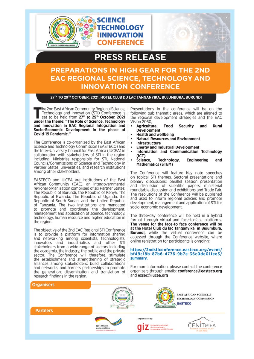 Communiqué de presse sur la tenue de la 2ème Conférence Regionale de l'EAC relative à la science,la technologie et l'innovation qui se tiendra du 27 au 29 octobre 2021 à l'Hôtel Club du Lac Tanganyika à Bujumbura/Burundi. @MESRS4