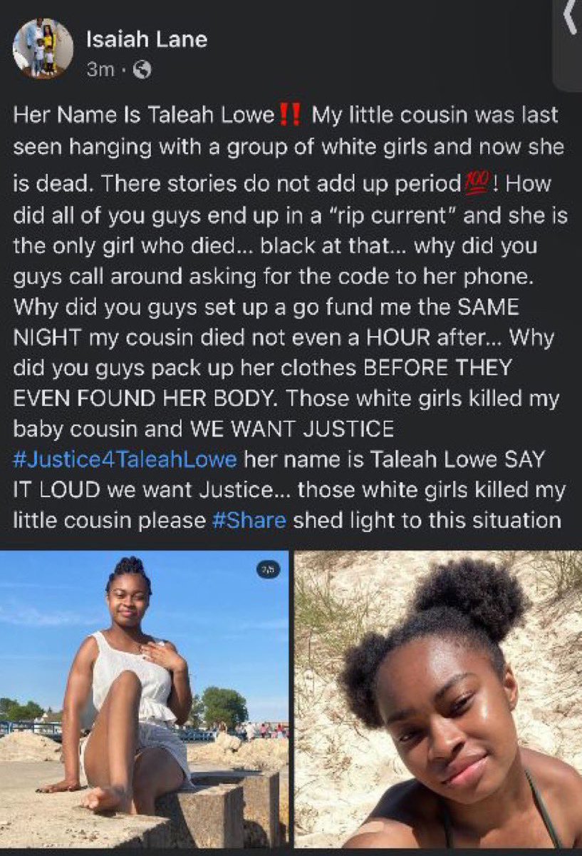 ashakiiii's tweet photo. #TaleahLowe, 18 died on October 14th. She took a trip with her new white friends, they said she hit a riptide & that what made her drown but they packed all of her stuff and started a gofundme the SAME NIGHT & they were calling around asking for her phone info #BlackLivesMatter https://t.co/AeiwUo00K6