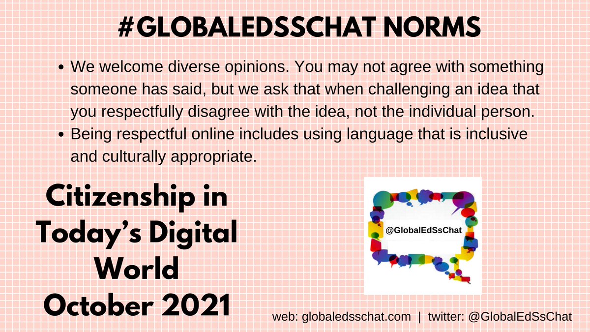 GlobalEdSsChat's tweet photo. We're live: https://t.co/ulRGAYaTMg

Whether you're returning or are a first-time participant in this Tweet &amp; Talk, here are the norms as developed by the student leaders! 

Thank you in advance for making this a great place to connect, learn and share. #GlobalEdSschat https://t.co/BwhTWHZq3f