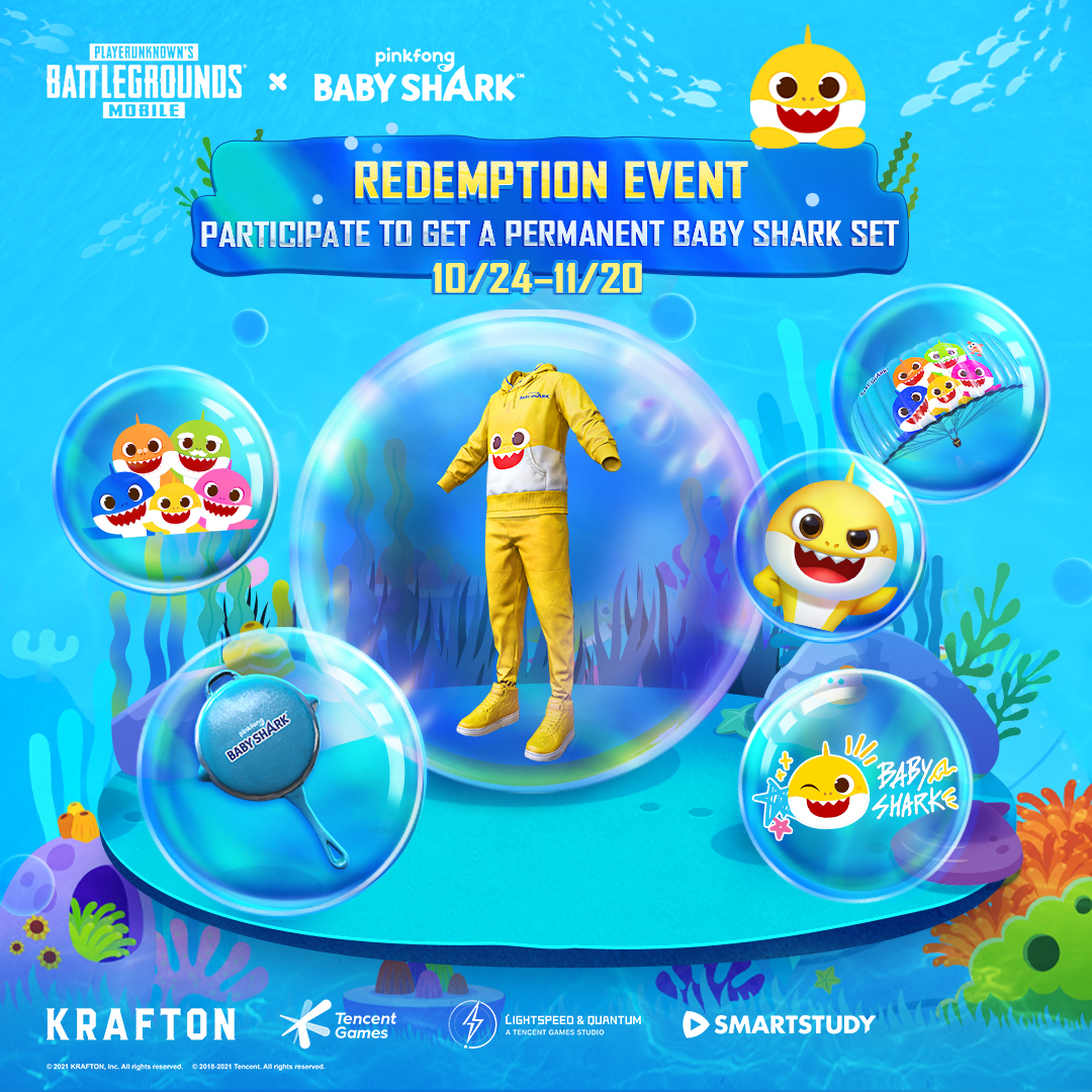 PUBGMOBILE's tweet photo. Receive a PERMANENT 🦈 Baby Shark set 👔 by participating in this limited-time event! ⌚ 

https://t.co/Kdf8KWMxZ3

#pubgmobile #babyshark https://t.co/aECKUmTNKc