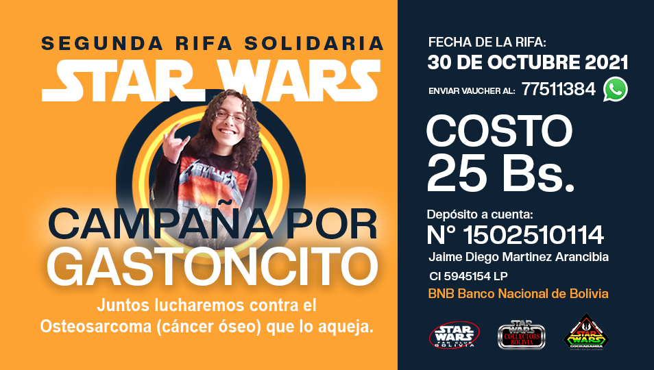 swfcb's tweet photo. Estamos lanzando la Segunda Rifa Solidaria Star Wars para seguir colaborando en el tratamiento de Gastoncito.
La fecha de la rifa será el 30 de octubre mediante transmisión en vivo en nuestra página de Facebook. 
https://t.co/P4ZlNO3TaD https://t.co/EY30X2zWHt