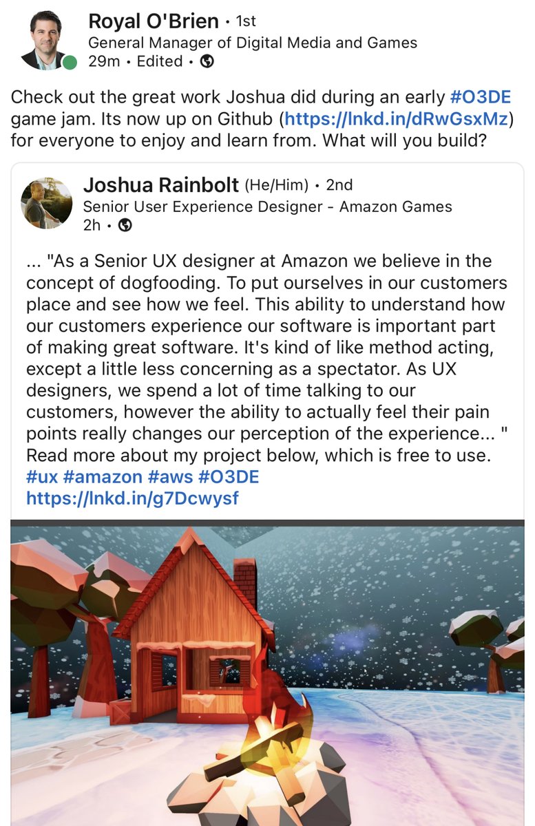 When it’s said well, it’s best to just leave the words as-is.

Major kudos to Joshua Rainbolt! And well-said, Royal O’Brien!

LinkedIn post here
tinyurl.com/tbmdr28s

GitHub link
lnkd.in/dRwGsxMz

#amazon #aws #gamebuilding #gametemplate #o3de #kudos #gamejam