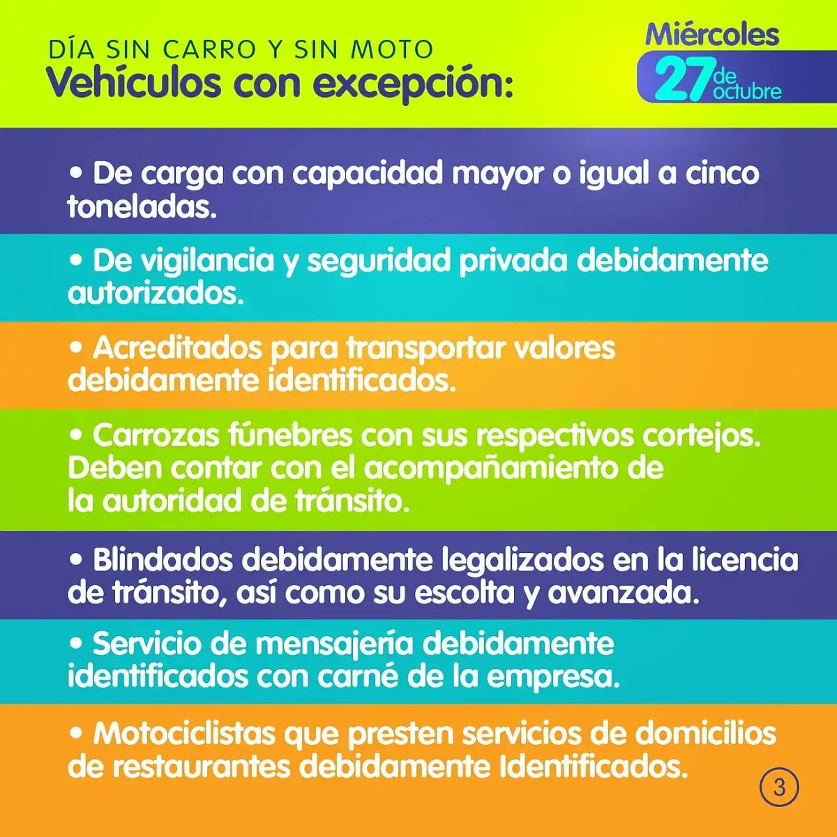 #Atención 🔊
Conoce las excepciones que aplican para el #DíaSinCarro obligatorio que tendremos el próximo miércoles. 🧐 Léelas y cuéntanos si tienes alguna duda. 😉