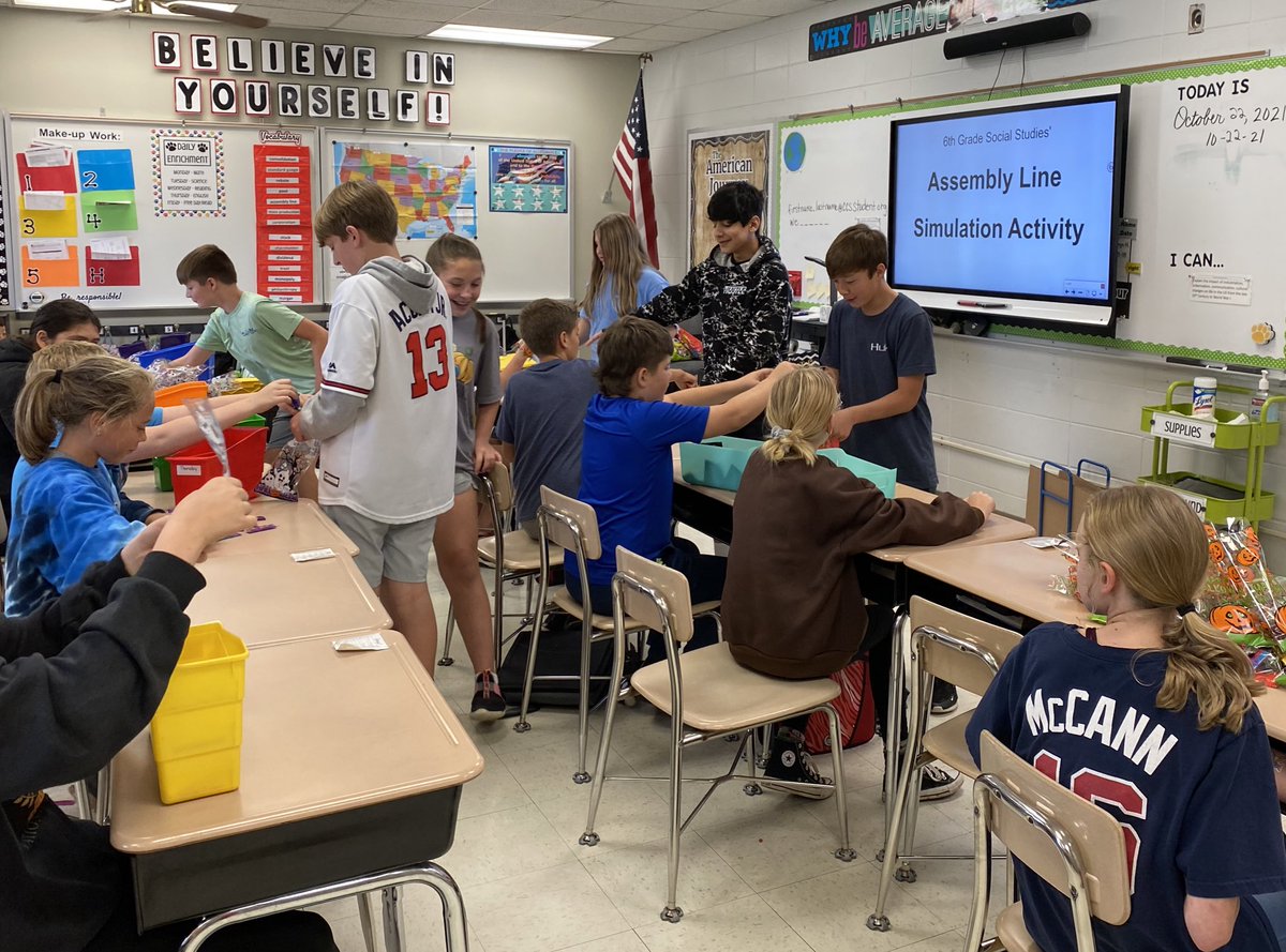 MrsHworth3's tweet photo. Our assembly line simulation activity was a productive, efficient, and frustrating learning experience, but we had fun and helped the WES PTA too! @kkallhoff @PrincipalPage @MrTommyDuke @jessica_svarney @wescullman #weststory #assemblyline #childlaborlaws #paidwithcandy https://t.co/LNOsvGO5aM