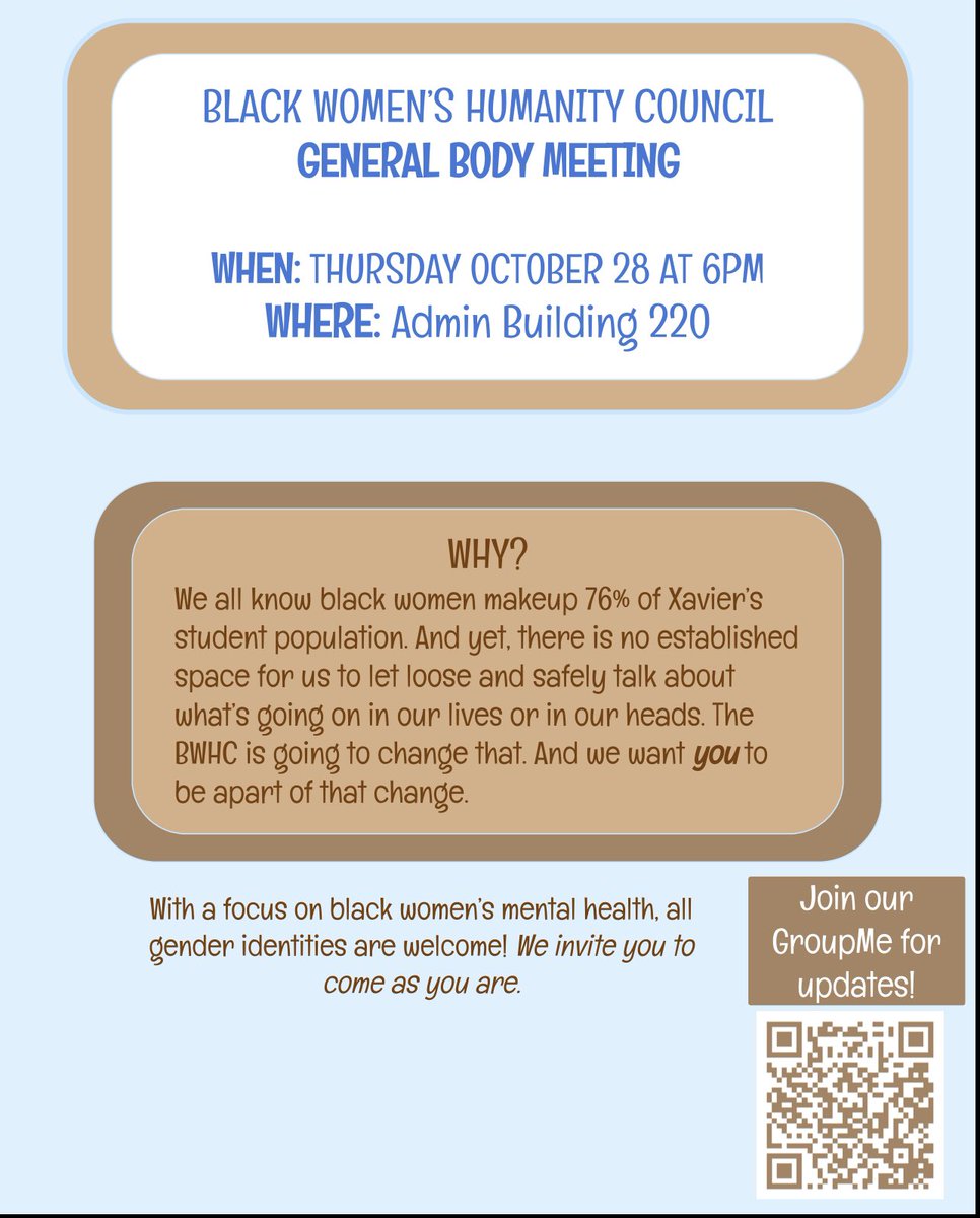 XULA_MHWC's tweet photo. GroupMe link in bio! Hope to see you there 🤎 https://t.co/XcqZ9abF1I