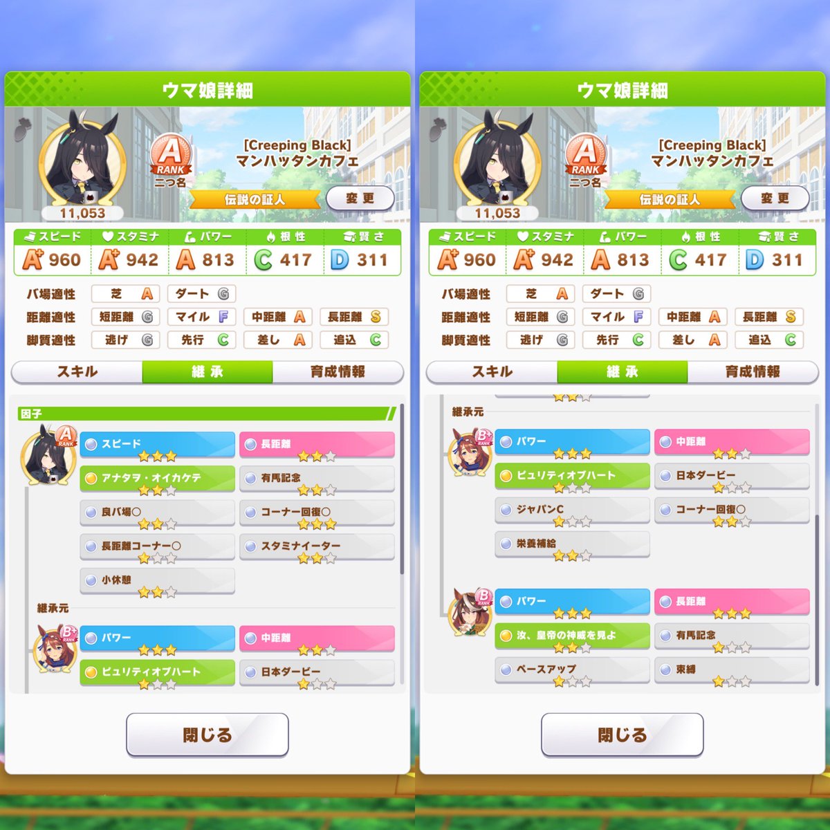 CelicananCircle's tweet photo. マンハッタンカフェ
スピード因子3パワー因子6
固有因子2 神威2
長距離5（親2）中距離2
有馬記念3 コーナー回復5
スタミナイーター2 小休憩2
良バ場2

サポート枠は理事長代理完凸LV50です。どなたでもフォローしていただいて構いません。
ID:601187502

#ウマ娘 https://t.co/AXPVWeQBBE
