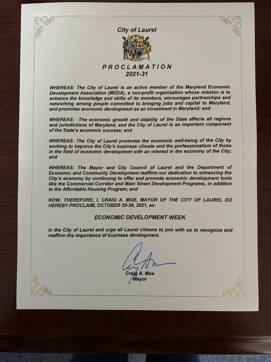 COSLaurelMD's tweet photo. Mayor Craig A. Moe issued Proclamation No. 2021-31 in observance of Economic Development Week at tonight Mayor and City Council meeting! https://t.co/mLoQ8IFIKW