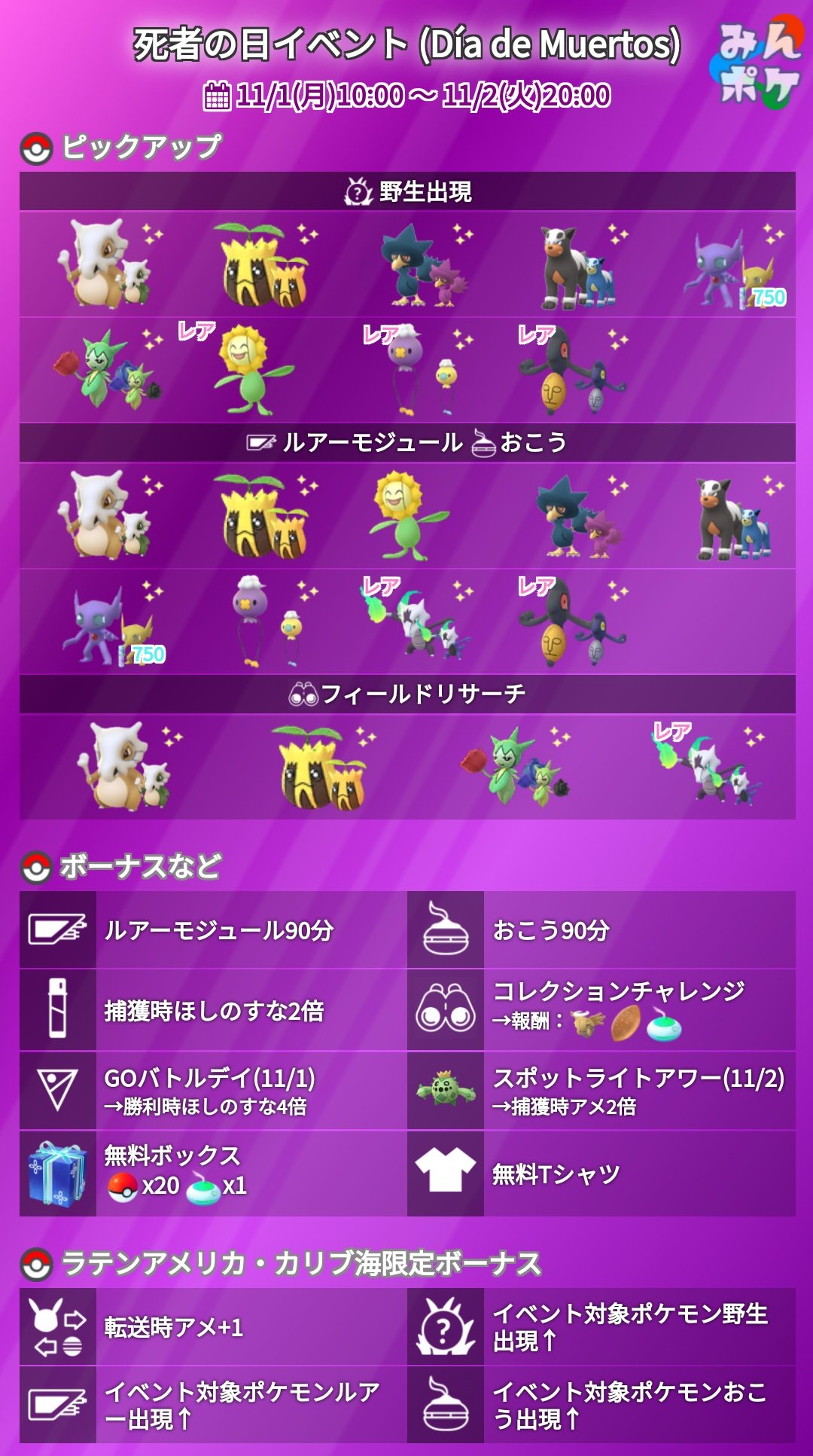 ポケモンgo攻略 みんポケ Dia De Muertos 死者の日イベント の詳細が発表されました 開催期間 11月1日 月 10 00 11月2日 火 00 ルアー おこうの効果90分 捕獲時のすな2倍 コレクションチャレンジ 限定tシャツ など T Co ポケモンgo攻略 みんポケ Dia De Muertos 死者の日イベント の詳細が発表されました 開催期間 11月1日 月 10 00 11月2日 火 00 ルアー おこうの効果90分 捕獲時のすな2倍 コレクションチャレンジ 限定tシャツ など T Co