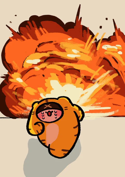 爆発から逃げるトラちゃん 