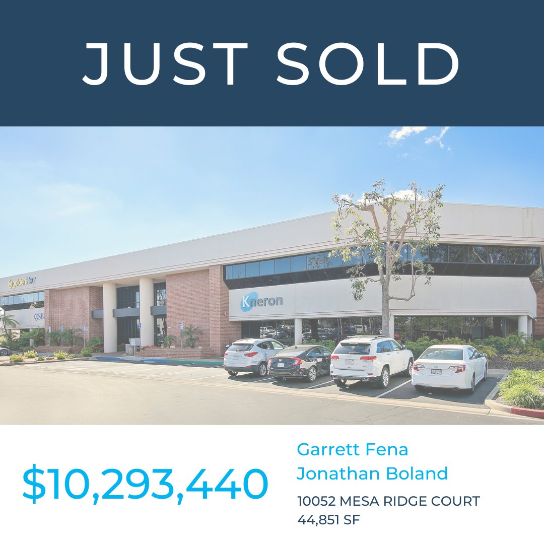SanDiegoVoit's tweet photo. Congratulations to Garrett Fena and Jonathan Boland on their recent $10,293,440 sale of the 44,851 SF property located at 10052 Mesa Ridge Court!
#JustSold #Voit #SanDiegoRealEstate #Broker #ClientAdvisor https://t.co/WUBGTHt5aN