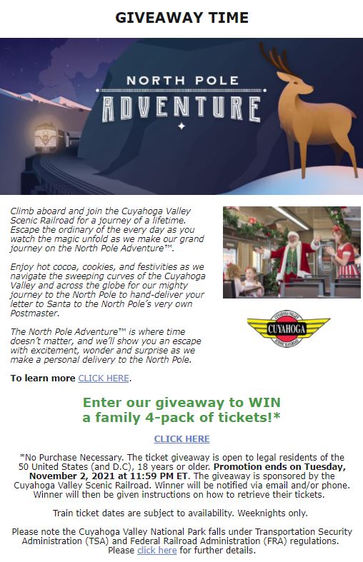 Ohio_Tourism's tweet photo. "Climb aboard and join the @CVSRR for a journey of a lifetime. Escape the ordinary of the every day as you watch the magic unfold as we make our grand journey on the North Pole Adventure™."

Want to win tickets? https://t.co/avmBnTglhP https://t.co/XSEaLURjd6