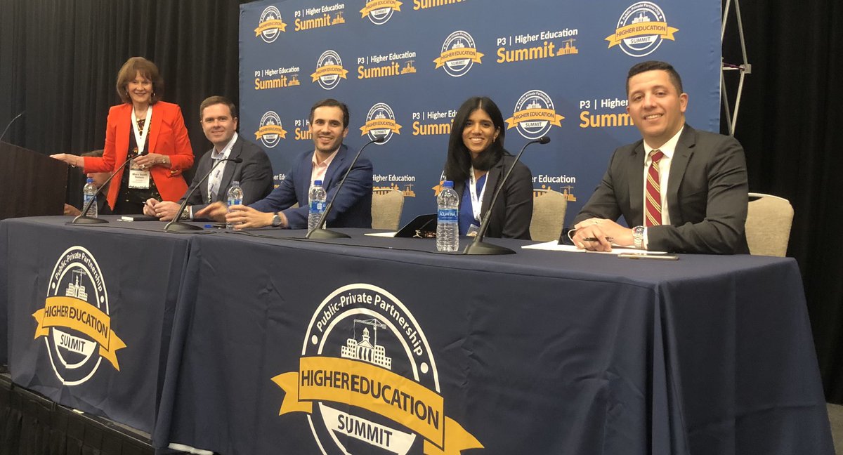 AIAI_Infra's tweet photo. The Indefatigable Mary Scott Nabers moderates this panel. Stephen Hill @keybank Darin Early @GilbaneBuilding Archie Chandrasekhar @Citi and Krudo DeJesus @fengate talk about the crucial role of advisors and partners in a #P3 #p3highered https://t.co/HugxSefiLi