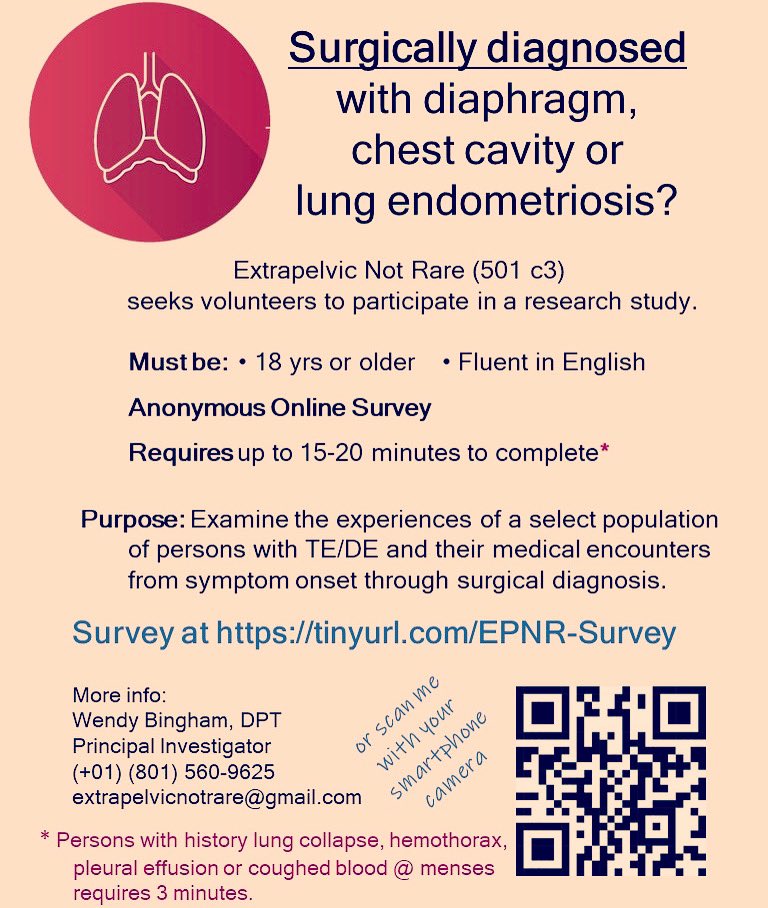XtraNotRare's tweet photo. Do you have surgical confirmed #endometriosis of the #Diaphragm, #ChestWall, #Lung or #BronchialAirway, are at least 18 yrs old and read/speak English, survey ends Sunday, October 31st. Survey is Anonymous and Voluntary. #ThoracicEndometriosis #ExtrapelvicEndometriosis https://t.co/kuOuWVdqIt