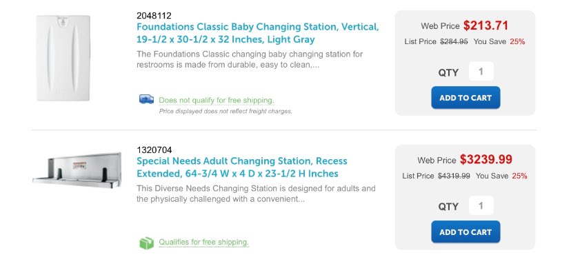 TheLizFactor's tweet photo. This is so wrong. 
#accessibility 
PD: Screenshot of a shopping site with two changing tables. The standard baby changing table is $213.71 and the adult hanging table is $3239.99. (Both 25% off list prices.) https://t.co/xfHl7d7YzV