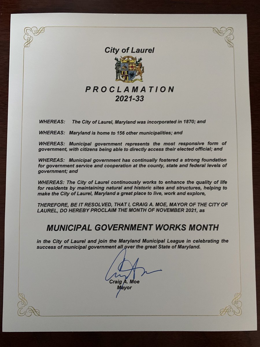 COSLaurelMD's tweet photo. Mayor Craig A. Moe issued Proclamation No. 2021-33 recognizing November as Municipal Government Works Month in the City of Laurel! https://t.co/JtPIfRqsfr