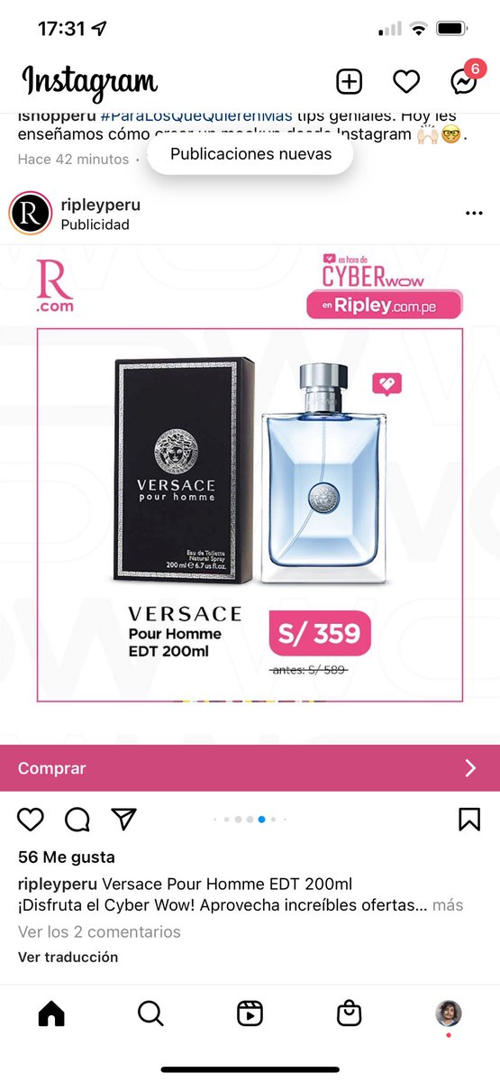 kevcruz7's tweet photo. Me acabo de dar cuenta de la terrible estafa del #cyberwow 🥲
El sábado, estuve con mi papá en Ripley y vimos este perfume Versace a S/359. Ahora le subieron el “precio regular” para que con “descuento” quede a S/359 🤡 https://t.co/70iFgcq6in