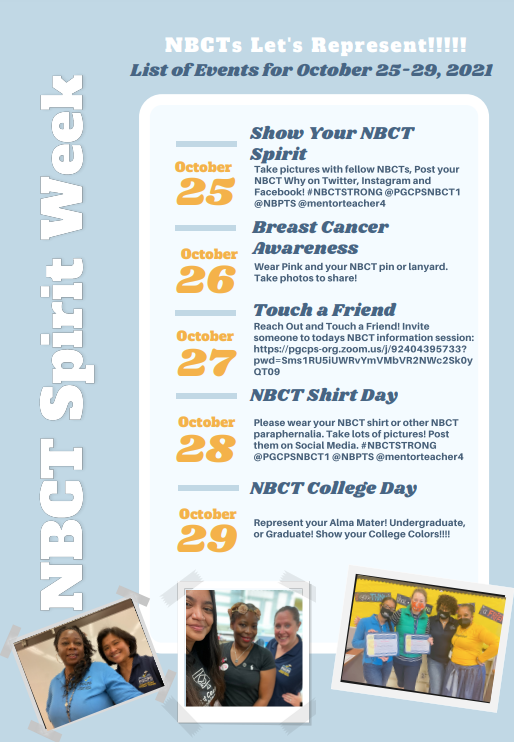 MentorTeacher4's tweet photo. During our NBCT Spirit Week check out #PGCPSNBCT Blog https://t.co/KgJpnn6LmK
You can learn about our NBCTs, programs, and activities.
@pgcpsnbct1 @OPLLpgcps #NBCTSpiritWeek https://t.co/tOXQne8Ege