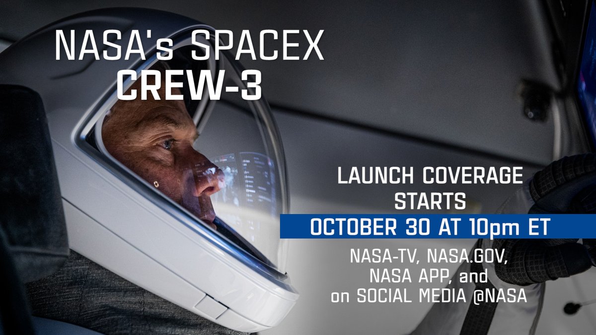NASA's tweet photo. Launch coverage of #Crew3 starts Saturday evening (10pm ET). Tweet us your questions with #AskNASA and we might feature them on our live broadcast! https://t.co/vJMVMyeDzf https://t.co/W0fzsQJrOV