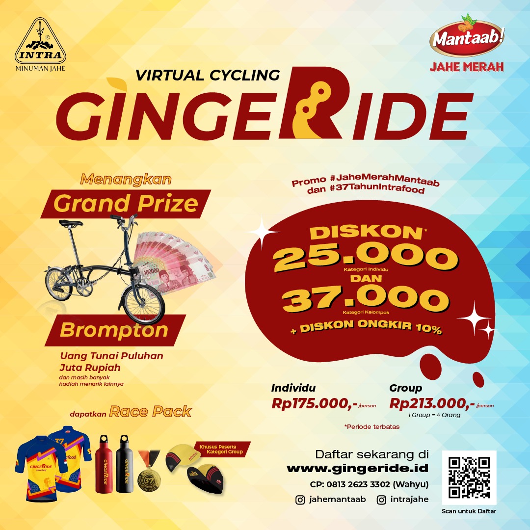 Yuk, ramaikan GINGERIDE 37TH VIRTUAL CYCLING, event gowes virtual dalam rangka HUT ke-37 Intra Jahe Wangi &amp; Jahe Merah Mantaab. 
.
Segera daftar Gingeride untuk mendapatkan promo #JaheMerahMantaab dan #37TahunIntrafood
.
Yuk, buruan daftar sekarang! Di gingeride.id