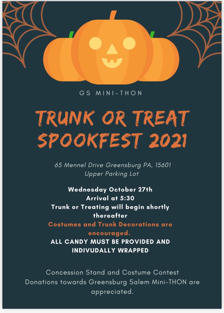 GSMiniTHON's tweet image. The Mini-THON movie has unfortunately been canceled due to unforeseen circumstances. We will however still be holding trunk-or-treat at the high school in the upper parking lot! Trunk-or-treat still begins at 5:30 and is open to all community members! Dm to register!