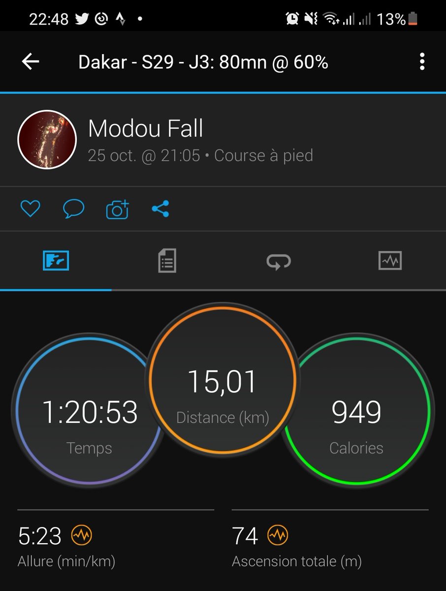 ModouFallAgro's tweet photo. Semaine/week 29: #VersementPobar #3:
✅15 km @ 143 bpm and 5:23/km
#Pobarbodychallenge
#marathon_pbc2021
#CourezDakar
#PobarGuide
#RunningWithTumiSole
@PobarChallenge https://t.co/HBTiK9Uysq