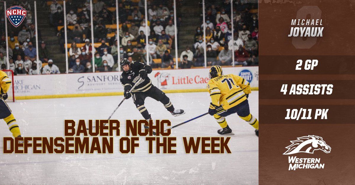WMUHockey's tweet photo. Congratulations to Michael Joyaux on earning Bauer NCHC Defenseman of the Week!

https://t.co/IU9MdzntKj https://t.co/iZxGYm82LM