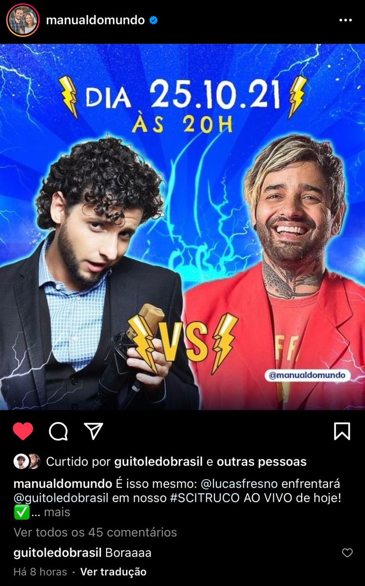 Vou entrar AO VIVO agora no canal do <a href="/manualdomundo/">Manual do Mundo</a> pra jogar SciTruco com o <a href="/lucasfresno/">O Lucas Silveira e o Taxista</a> 
Vem assistir: youtube.com/watch?v=rQQBjA…