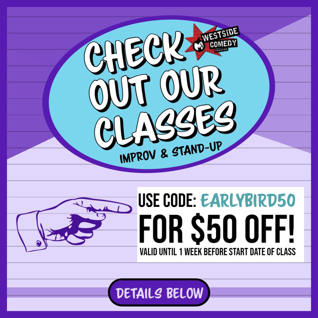 westsidecomedy's tweet photo. ๐จ NEW CLASS ALERT ๐จ Our Stand-Up 101 classes have been a huge hit! Come join the fun Wednesdays at 7pm starting 11/3.
More info & registration: https://t.co/cofPEccqfb
#comedyclass #comedyclasses #standupclass #standupclasses #standup101 #howtowritejokes #jokewriting101 https://t.co/yaWlesVJJ8