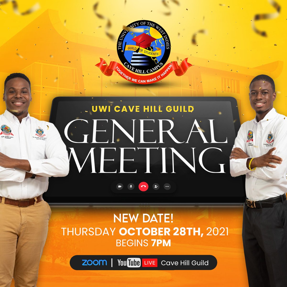 cavehill_guild's tweet photo. ‼️🛎️Hello Blackbirds🛎️‼️
The UWI Cave Hill Guild of Students is inviting all students to our General Meeting on Thursday October 28th, 2021 at 7PM.
Join us via Zoom or view the live stream via YouTube on the Cave Hill Guild channel💻
See you there!
#irepmyguild
#irepcavehill https://t.co/xDAqBDSp7Y