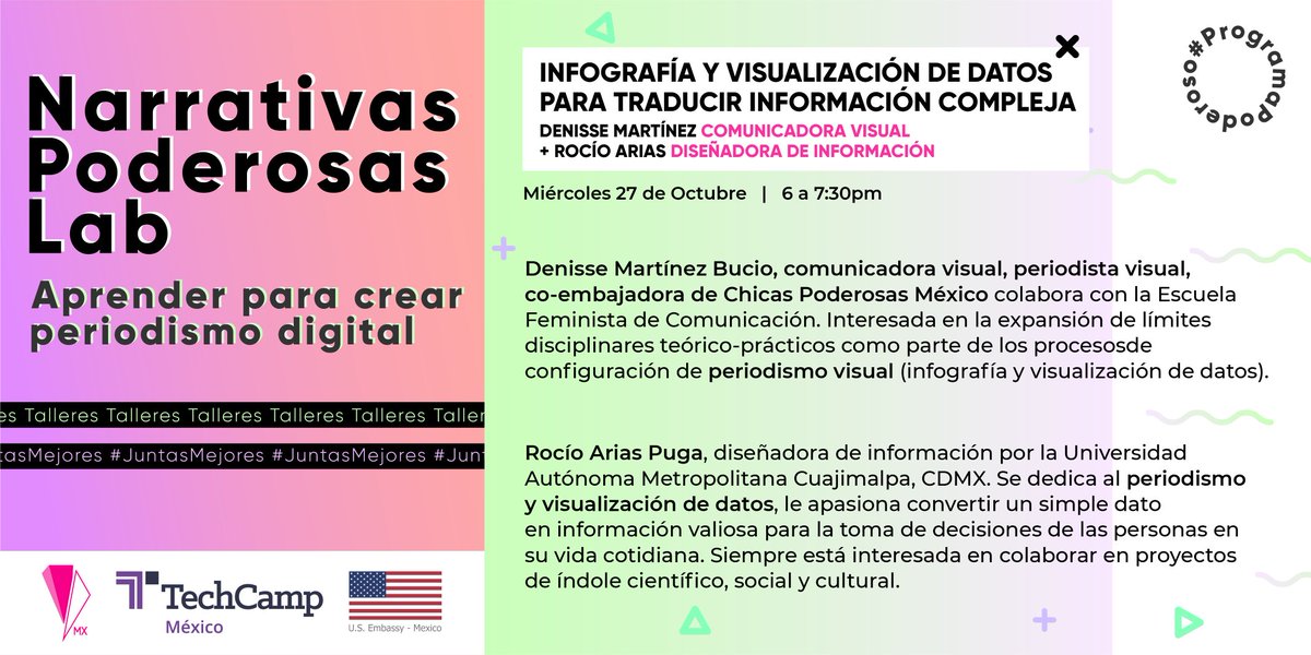 ChicaPoderosaMX's tweet photo. ¡3ra sesión de #NarrativasPoderosasLab!⚡
Infografía y visualización de datos para traducir información compleja📊 con @Ramoncita y @unatalR
Aprenderán dos herramientas visuales valiosas, además de cómo conceptualizarlas y potenciar una investigación periodística.
🗓️27/10 | 6 pm https://t.co/P1jCBcg7aq