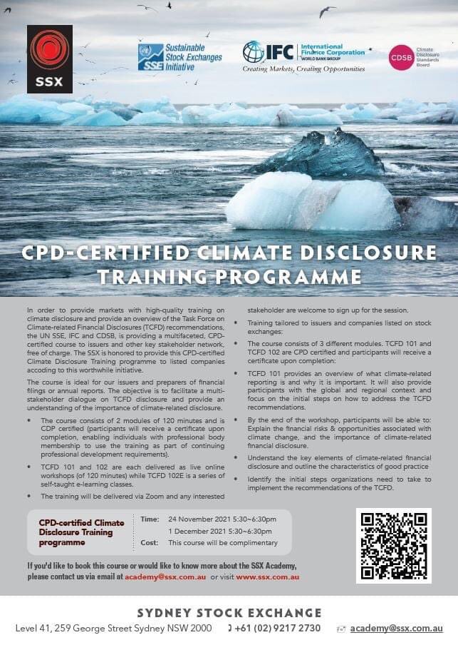 SSXMarket's tweet photo. @SSXMarket  has arranged a free Climate Disclosure Training Program in collaboration with @UN Sustainable Stock Exchanges Initiative, @IFC_org &amp; @CDSBglobal 

Aimed at preparers of sustainability reports, but, everyone is welcome!
Book at: https://t.co/n7q1CEHsTa https://t.co/LwZOQ0ubdr
