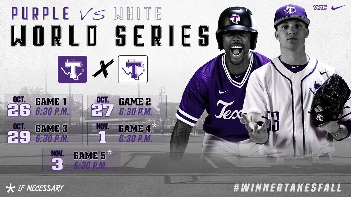 Let’s pack the stands tomorrow night for Game 1 of the ‘Purple vs White’ Fall World Series 😈

⚾️ 1st Pitch @ 6:30pm 

#TexanNation x #WinnerTakesFall