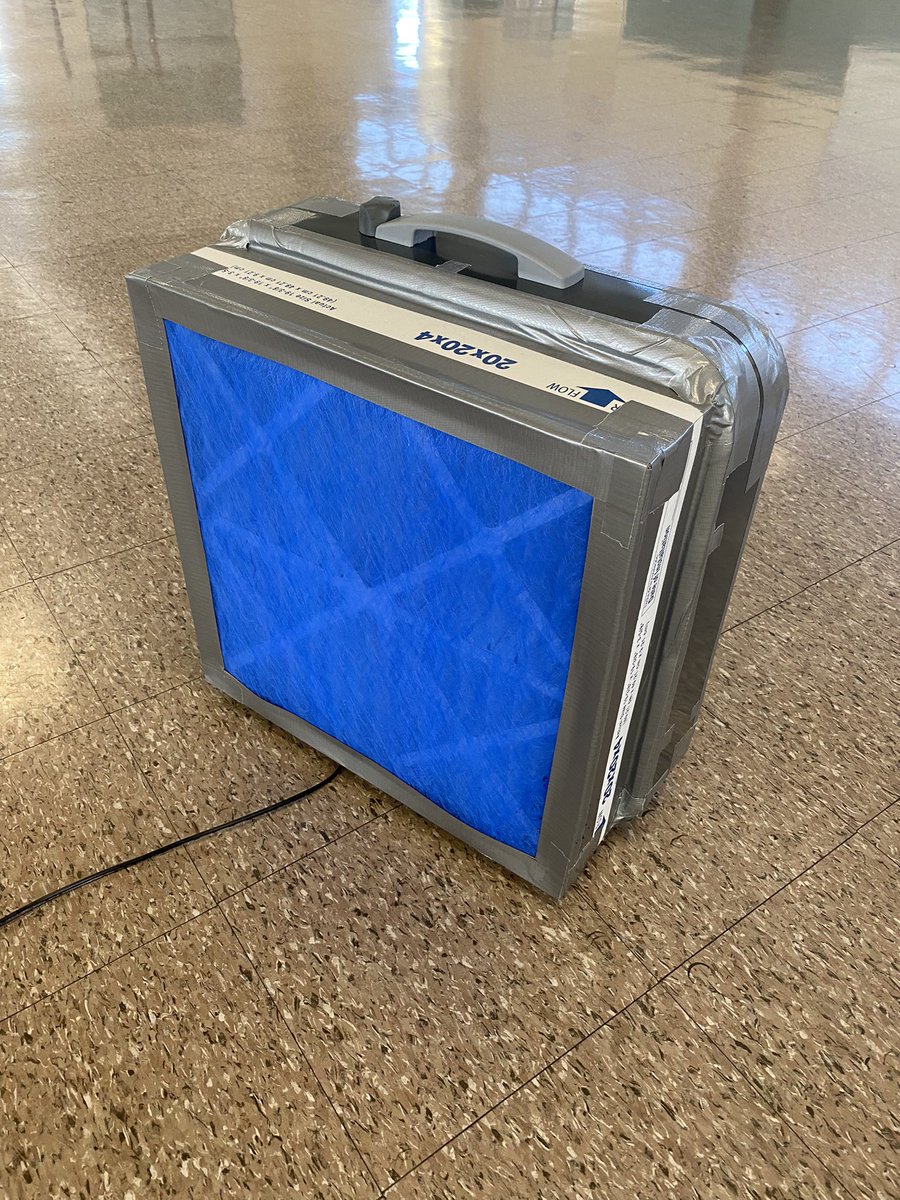 rcfong3's tweet photo. A variation on a Corsi/Rosenthal cube for a classroom when space may not allow a full-sized cube.  20x20x4 MERV13 filter with a 20x20x1 “panel” pre-filter that can be replaced to extend the life of the MERV13.
@SpeakUpAmerica_ @CorsIAQ @JimRosenthal4 @CleanAirCrewOrg https://t.co/HGQCRZmWS8