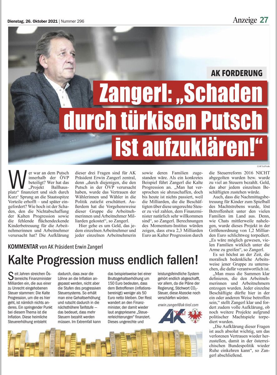 Ziemlich bemerkenswertes Inserat des Tiroler Arbeiterkammer-Präsidenten Zangerl von der ÖVP: „Wer war innerhalb der ÖVP an dem Putsch beteiligt? Wer hat das ‚Projekt Ballhausplatz‘ finanziert?“