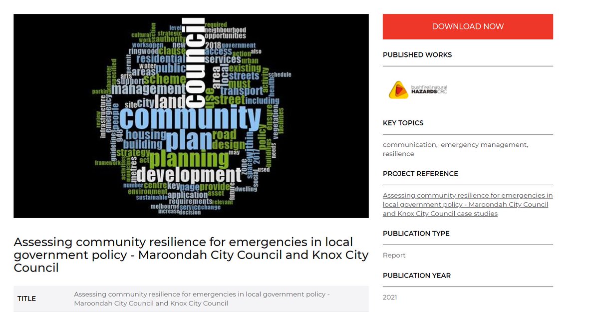 Multiple City Councils asked the @bnhcrc to evaluate their policies in terms of resilience. They were seeking answers to the question: To what extent do our council policies support resilience for emergencies or disasters? Report here: hubs.li/H0-1VLB0