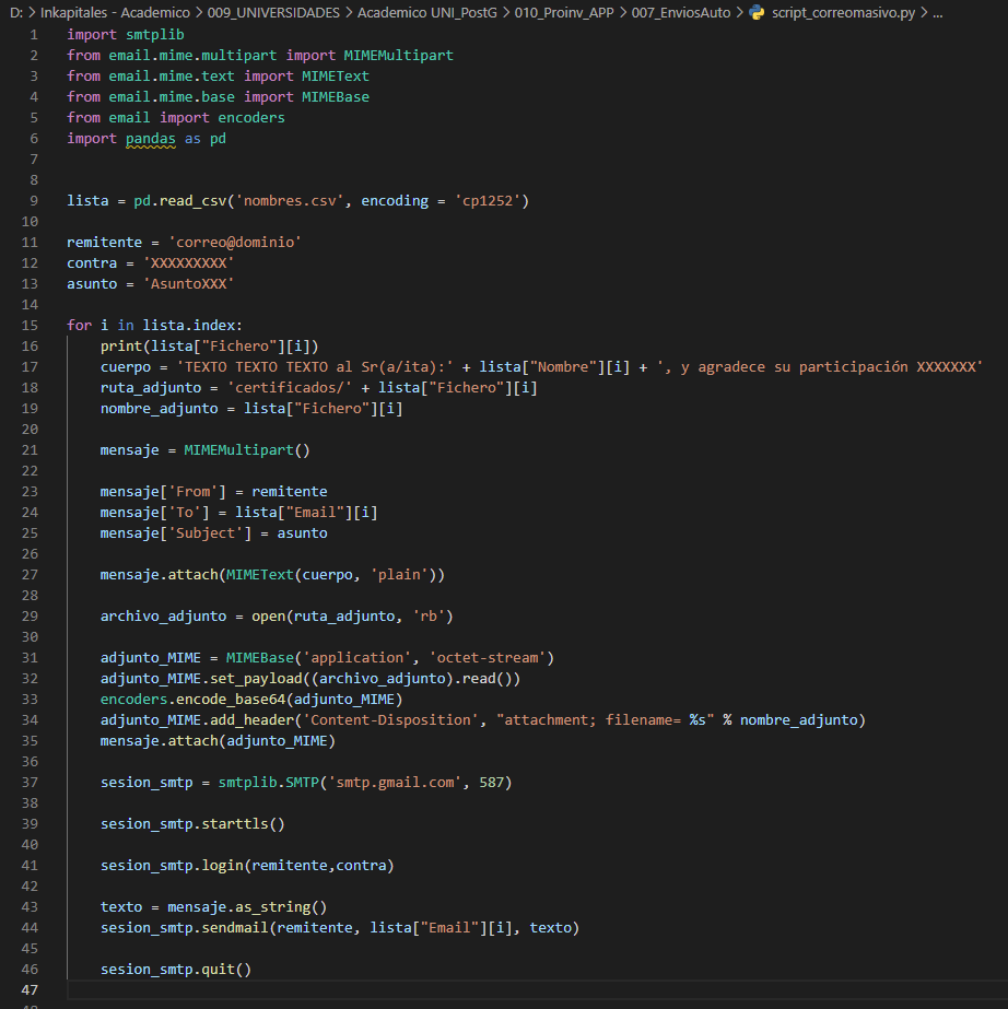 AlfonsoChangM's tweet photo. Day 6/100 #100DaysOfCode #Python
I needed to create a script to allow sending customized emails in terms of body and attachments in a matter of one click.
To do so, I used the libraries: #Smtlib, #Pandas and #Email.mime. You'll need an CSV file with the database. https://t.co/PP89PS5w5B