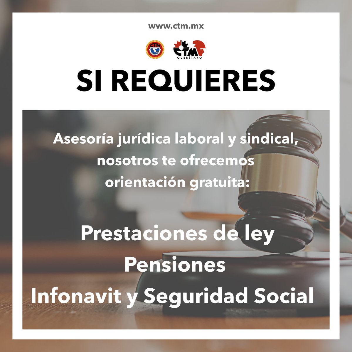 CTMQueretaro's tweet photo. ¡Trabajador, trabajadora!
Si requieres asesoría jurídica laboral y sindical ⚖️ , ¡acércate a nosotros!
#UnidadyTrabajo #CTM #CTMQueretaro #sindicato #asesorialaboral https://t.co/zI3mVyQI8j