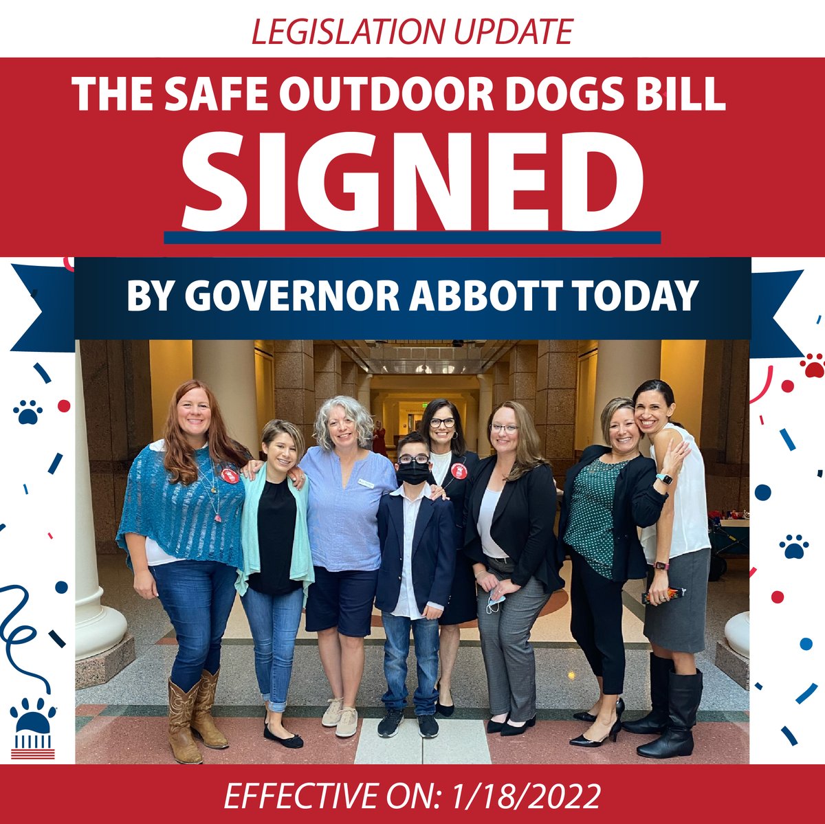 THLNTX's tweet photo. 🚨Legislation Update: IT’S OFFICIAL!!! The #SafeOutdoorDogs bill was signed TODAY by Governor Abbott, and will go into effect officially on 1/18/2022! https://t.co/xXRCLsbVWg
