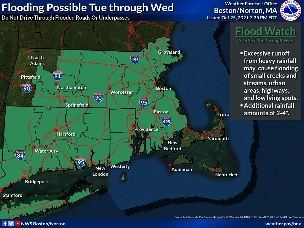 NWSBoston's tweet photo. [730 PM Update] Strong to damaging winds expected across E MA &amp; potentially a bit further inland Tue into Wed. High Wind Warnings &amp; Wind Advisories have been issued. A Flood Watch remains in effect for much of the region. Gusts of 50-75 mph, 20'+ waves &amp; 2-4" inches of new rain. https://t.co/Yj6xF0tobV