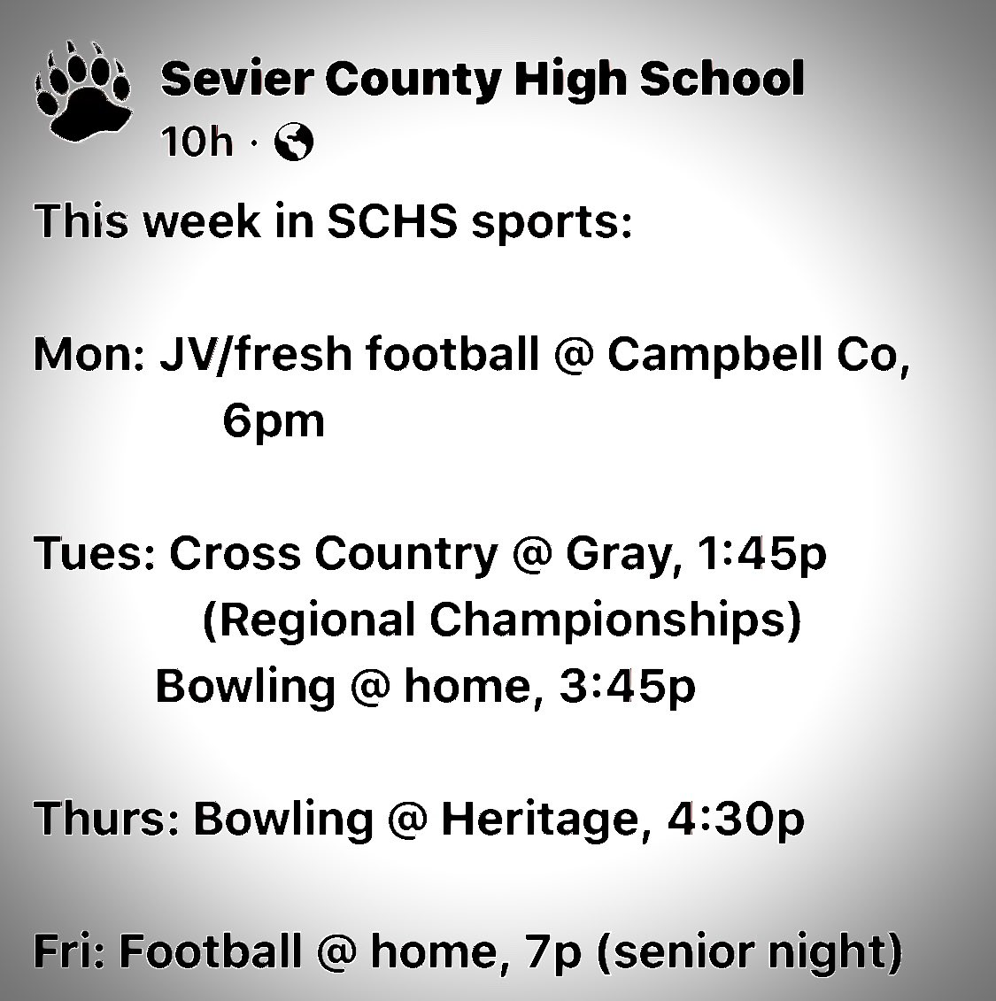 SCHS SGA (@sga_schsbears) on Twitter photo Sports this week at SCHS! #GoSmokyBears 🐻🏈🏃🏼♀️🏃🏼🎳🐻<a href="/SmokyBearFball/">Sevier County Smoky Bears Football</a> <a href="/seviercostrong/">SevierCoStrong</a> <a href="/SevierCoHawgs/">Sevier County Hawgs</a> <a href="/SevierCountyTF/">Sevier County Track & Field</a> <a href="/SCHSSmokyBears/">SCHS Smoky Bears</a> <a href="/SCHSstudentsec_/">Sevier County Students</a> <a href="/mtn_sports/">SmokyMtnSports</a> <a href="/themtnpress/">The Mountain Press</a> <a href="/EASTENSPREG/">EASTENSPREG</a> <a href="/5StarPreps/">5Star Preps</a> <a href="/prepxtra/">PrepXtra</a> Sports this week at SCHS! #GoSmokyBears 🐻🏈🏃🏼♀️🏃🏼🎳🐻<a href="/SmokyBearFball/">Sevier County Smoky Bears Football</a> <a href="/seviercostrong/">SevierCoStrong</a> <a href="/SevierCoHawgs/">Sevier County Hawgs</a> <a href="/SevierCountyTF/">Sevier County Track & Field</a> <a href="/SCHSSmokyBears/">SCHS Smoky Bears</a> <a href="/SCHSstudentsec_/">Sevier County Students</a> <a href="/mtn_sports/">SmokyMtnSports</a> <a href="/themtnpress/">The Mountain Press</a> <a href="/EASTENSPREG/">EASTENSPREG</a> <a href="/5StarPreps/">5Star Preps</a> <a href="/prepxtra/">PrepXtra</a>