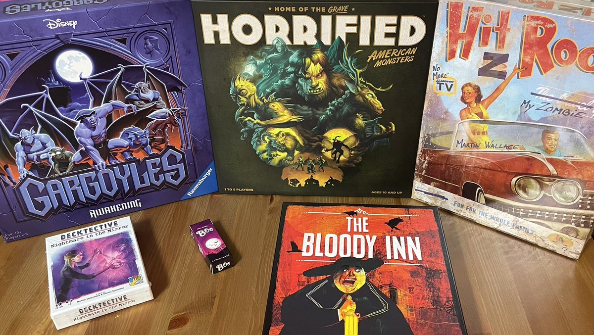 CreakyTable's tweet photo. For Halloween week we’ve lined up some “horrifying” games! The theme for our upcoming posts this week are all things spooky. We’ve got zombies, monsters, and murd… money coming to the table! 😳
#boardgames #bgg #thebloodyinn #horrified #hitzroad #gargoyles #decktective #boo https://t.co/vnpQ4nhKqs