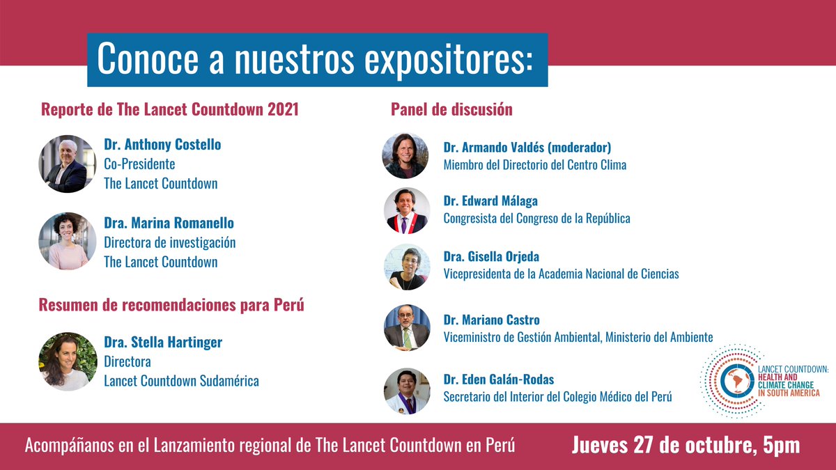 CMP_PERU's tweet image. ▶️Conoce los expositores que nos nos acompañarán este miércoles en el lanzamiento regional en el Perú de The Lancet Countdown: Tracking Progress on Health and Climate Change.👉bit.ly/3ljxES4

¡No te lo pierdas!

#CMP #TodosSomosCMP #LancetClimate21 #HealthyClimate #COP26