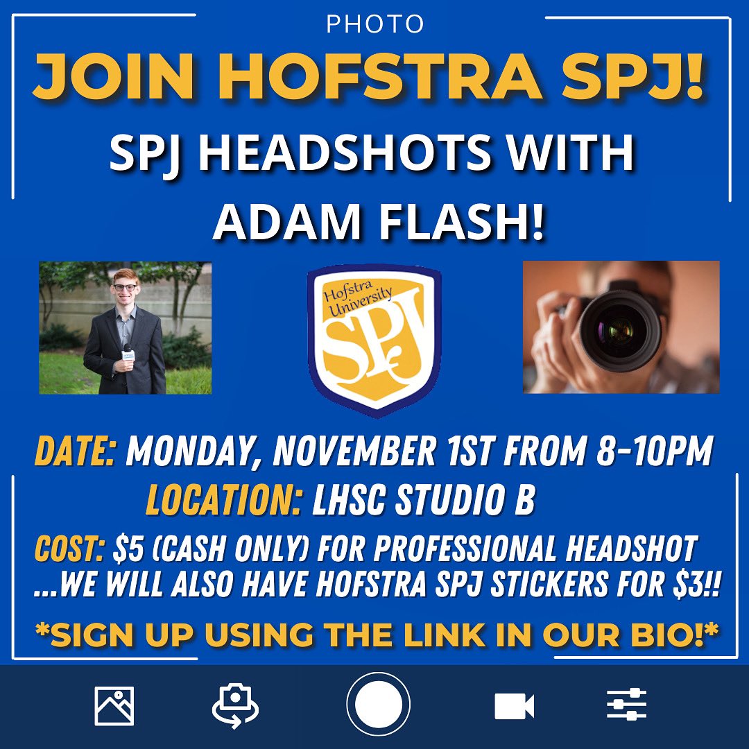 HofstraSPJ's tweet photo. JOIN US! Next week, we’re hosting our headshot event on Monday, November 1 in Studio B from 8 pm to 10 pm. If you want to get professional headshots taken, please sign up for a slot on the google form that is linked below! Headshots are $5 &amp; must be paid in cash. See you there!🤩 https://t.co/STJAHzgqbM