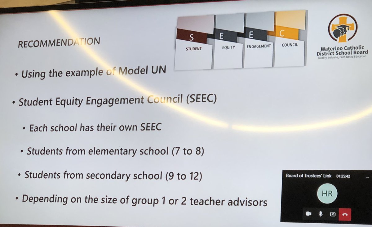 nottenloretta's tweet image. Equity Officer shares with Board a vision for engaging student voice in equity agenda SEEC - Student Equity Engagement Council. @WCDSBNewswire we want to truly hear our students to ensure #SuccessForEach #PlaceForAll