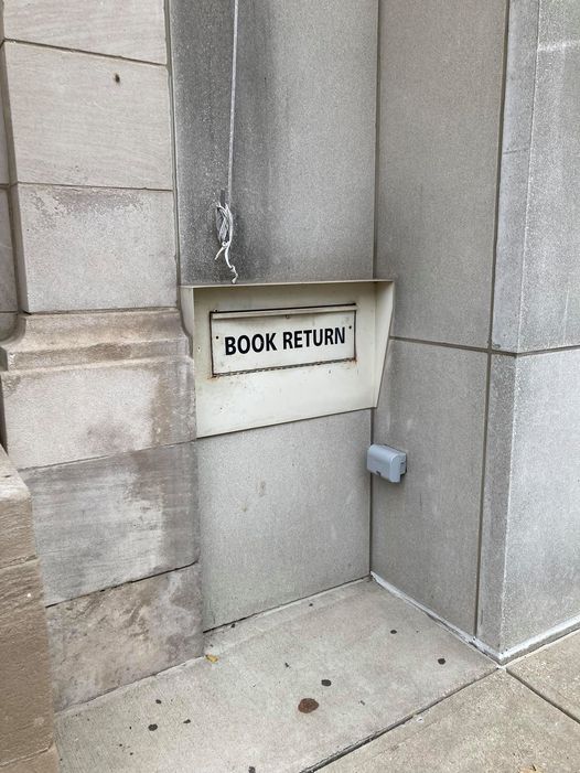 Starting tomorrow, the book return at the Main Library will temporarily be closed for several days due to construction taking place in front of it. There are no fines on overdue items, and the return will be open again in several days. Please return items at the front desk.